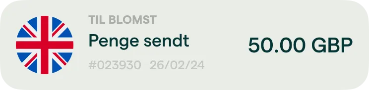 Et visitkort med ordene penge sendt.