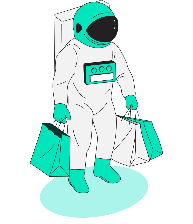Illustration of an astronaut in a white suit with teal gloves, boots, and helmet visor holding multiple shopping bags.