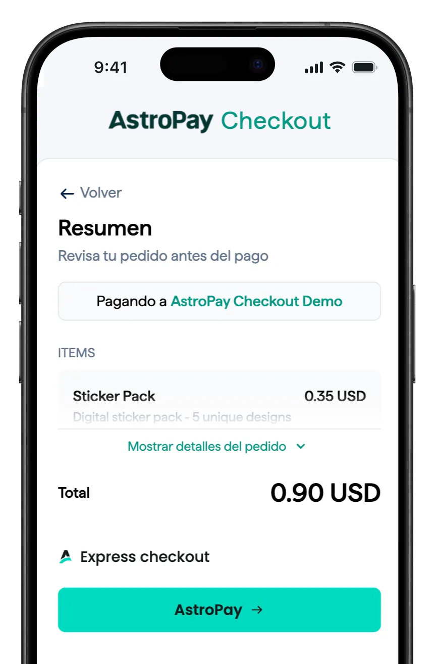 Smartphone screen showing an AstroPay Checkout summary in Spanish, listing a Sticker Pack item priced at 0.35 USD, total 0.90 USD, with an AstroPay express checkout button.