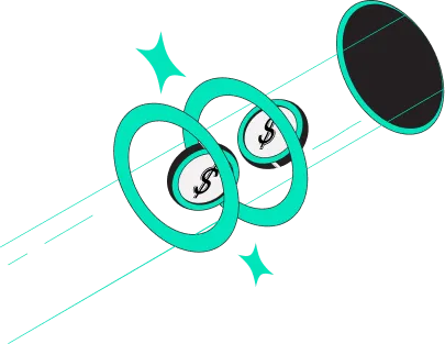 Illustration of coins with dollar signs passing through two teal rings in a tunnel-like structure.