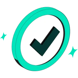 3D turquoise circular badge with a black checkmark in the center and two small turquoise sparkles on each side.