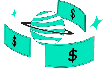 Illustration of a striped planet with rings surrounded by three floating bills with dollar signs and sparkles.