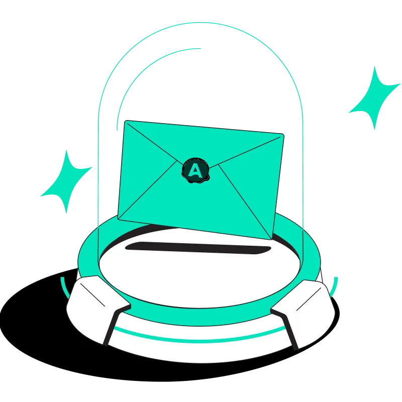 Illustration of a teal envelope sealed with a wax stamp inside a glass dome on a round platform with glowing star shapes nearby.