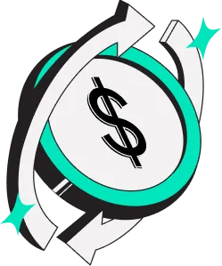 Dollar coin encircled by two rotating arrows symbolizing currency exchange or financial transactions.