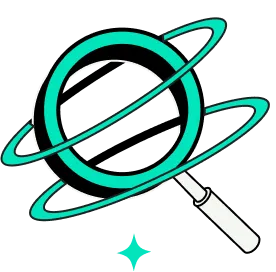 White magnifying glass with teal rings orbiting around it and a teal star below.