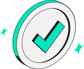 3D white circular badge with a teal checkmark and two teal sparkle accents.