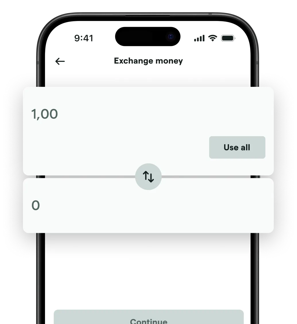 Mobile screen showing an exchange money interface with input fields for amounts and a button labeled Use all.