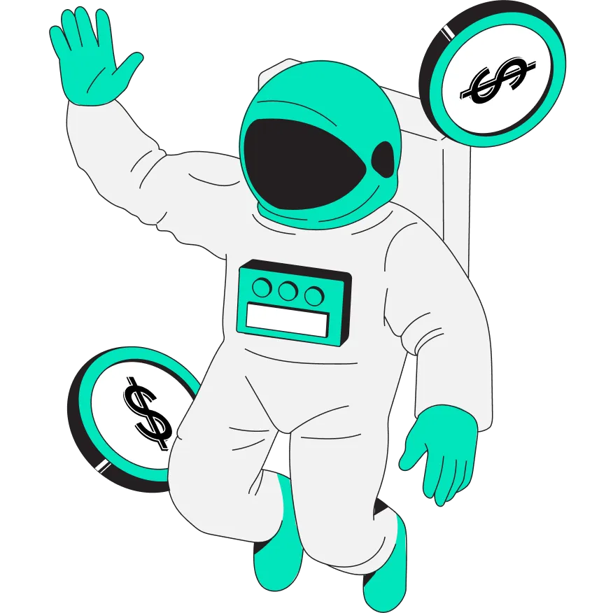 Illustration of an astronaut in a white suit with turquoise gloves and helmet, floating near large coins with dollar signs.