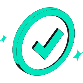 3D turquoise circular badge with a black checkmark in the center and two small turquoise sparkles on each side.