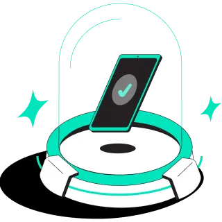 Illustration of a smartphone with a checkmark floating inside a protective glass dome on a circular platform.