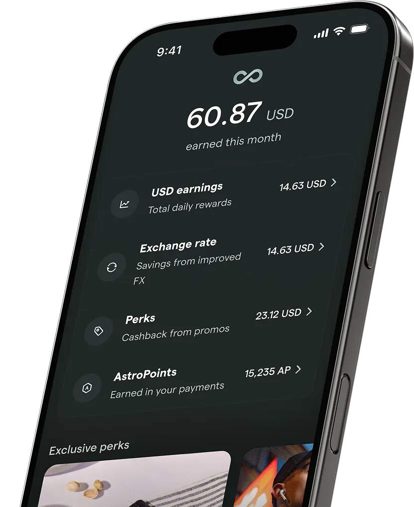 Smartphone screen displaying earnings of 60.87 USD this month with subscription paid message and details of USD AstroBoost, fee-free exchanges, exclusive perks, and 2X on AstroPoints benefits.