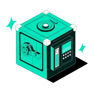 Isometric illustration of a secure safe box with a combination dial and keypad lock, surrounded by sparkle icons.