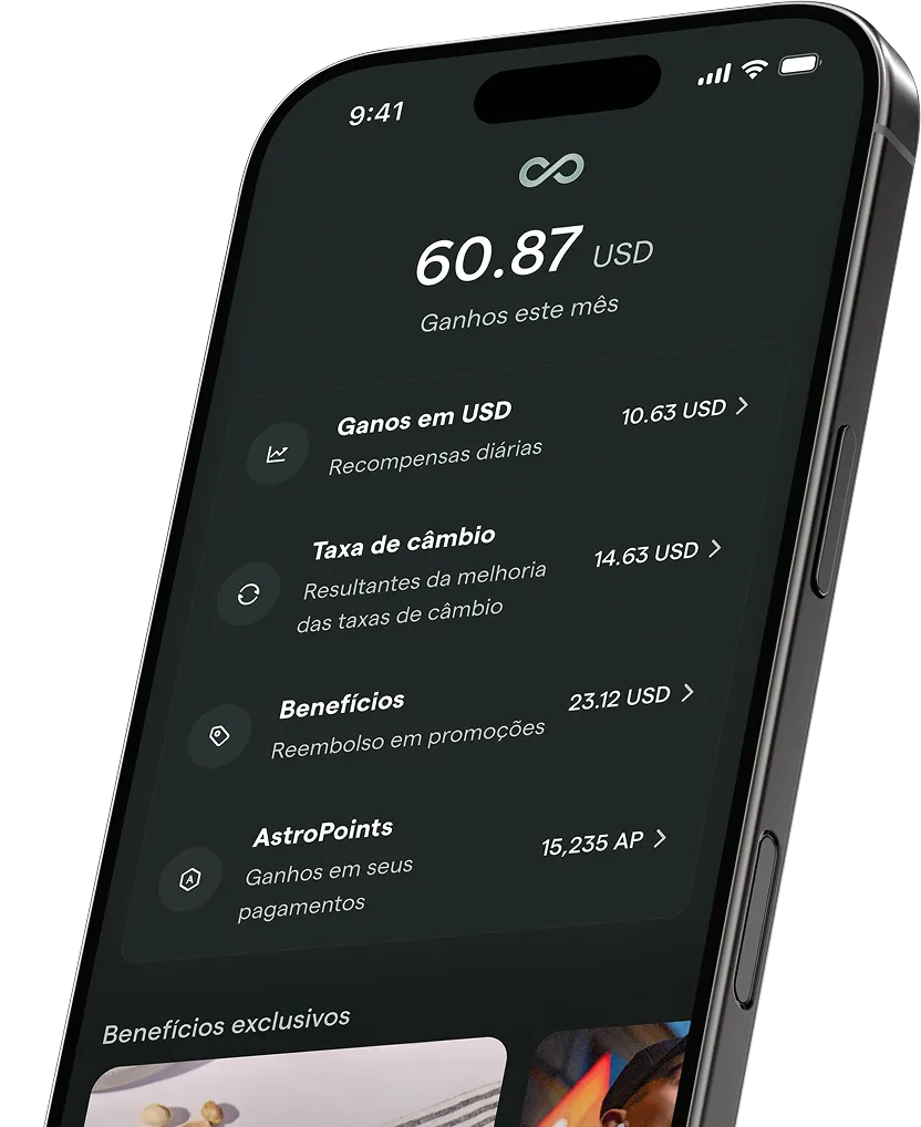 Smartphone screen displaying earnings of 60.87 USD this month with subscription paid message and details of USD AstroBoost, fee-free exchanges, exclusive perks, and 2X on AstroPoints benefits.