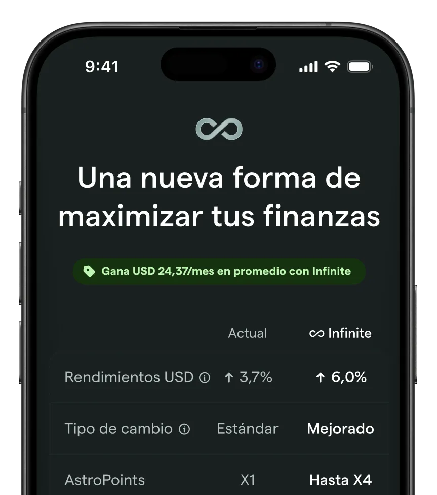 Mobile screen showing membership plan details for 'Infinite' with benefits like 6% USD AstroBoost, no exchange fees, and included AstroCard Global.