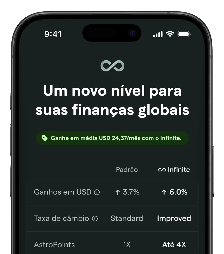 Mobile screen showing membership plan details for 'Infinite' with benefits like 6% USD AstroBoost, no exchange fees, and included AstroCard Global.