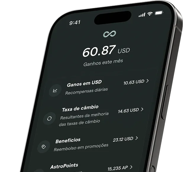 Smartphone screen displaying earnings of 60.87 USD this month with subscription paid message and details of USD AstroBoost, fee-free exchanges, exclusive perks, and 2X on AstroPoints benefits.