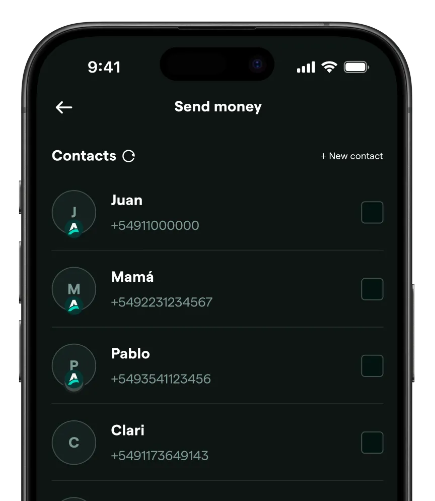 Mobile screen showing a Send Money interface with a contacts list including Juan, Mamá, Pablo, and Clari, each with phone numbers and selection checkboxes.