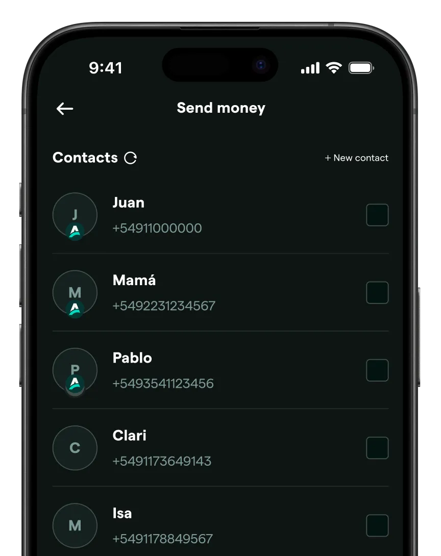 Mobile screen showing a Send Money interface with a contacts list including Juan, Mamá, Pablo, and Clari, each with phone numbers and selection checkboxes.