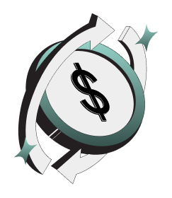 Illustration of a dollar coin encircled by two rotating arrows symbolizing investment or currency exchange.
