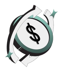 Illustration of a dollar coin encircled by two rotating arrows symbolizing investment or currency exchange.