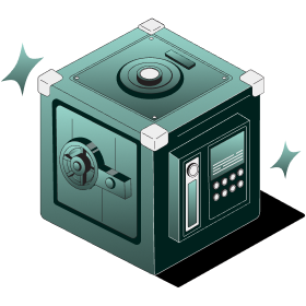 Illustration of a green metal safe box with a combination dial, handle, and keypad lock.