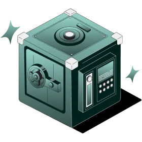Illustration of a green metal safe box with a combination dial, handle, and keypad lock.