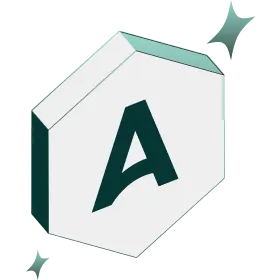 Three-dimensional hexagonal token with a letter A and two sparkling stars.