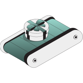 Conveyor belt carrying a round gift box with a ribbon bow on top.