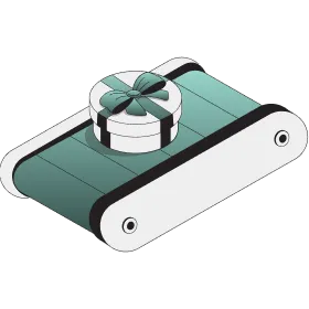 Conveyor belt carrying a round gift box with a ribbon bow on top.