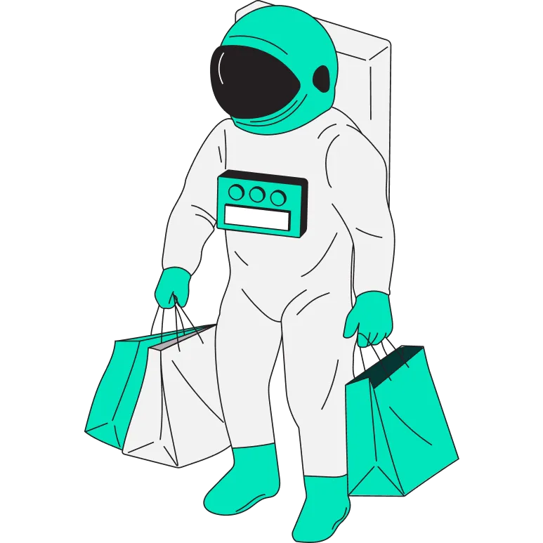 Astronaut wearing teal accents carrying multiple shopping bags in both hands.