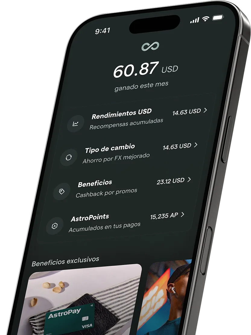 Smartphone screen displaying earnings of 60.87 USD this month with subscription paid message and details of USD AstroBoost, fee-free exchanges, exclusive perks, and 2X on AstroPoints benefits.