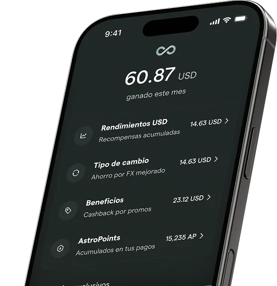 Smartphone screen displaying earnings of 60.87 USD this month with subscription paid message and details of USD AstroBoost, fee-free exchanges, exclusive perks, and 2X on AstroPoints benefits.