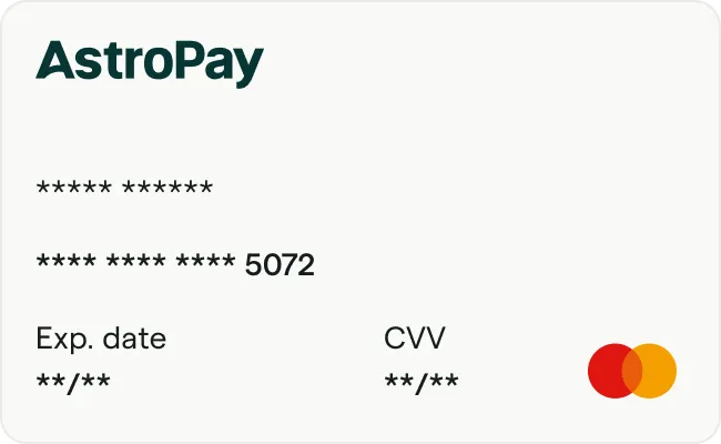 AstroPay card showing masked number ending 5072, expiration date, CVV, and Mastercard logo.