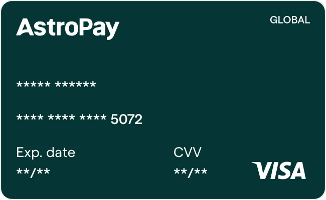 Dark AstroPay VISA card with masked numbers, expiration date, CVV, and GLOBAL text.