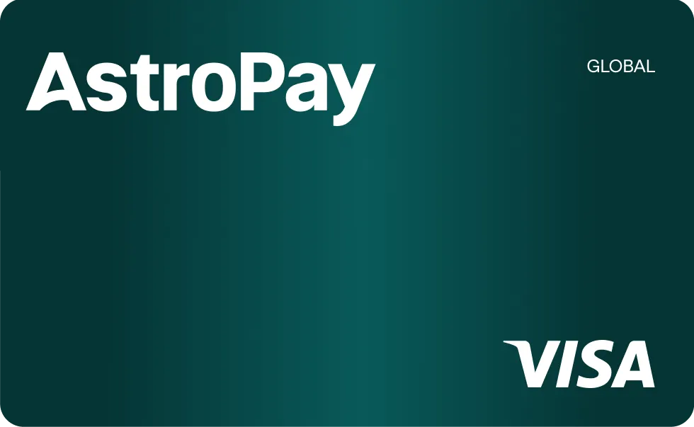 AstroPay Visa card with text bubbles highlighting AstroPoints and travel/global spending benefits.