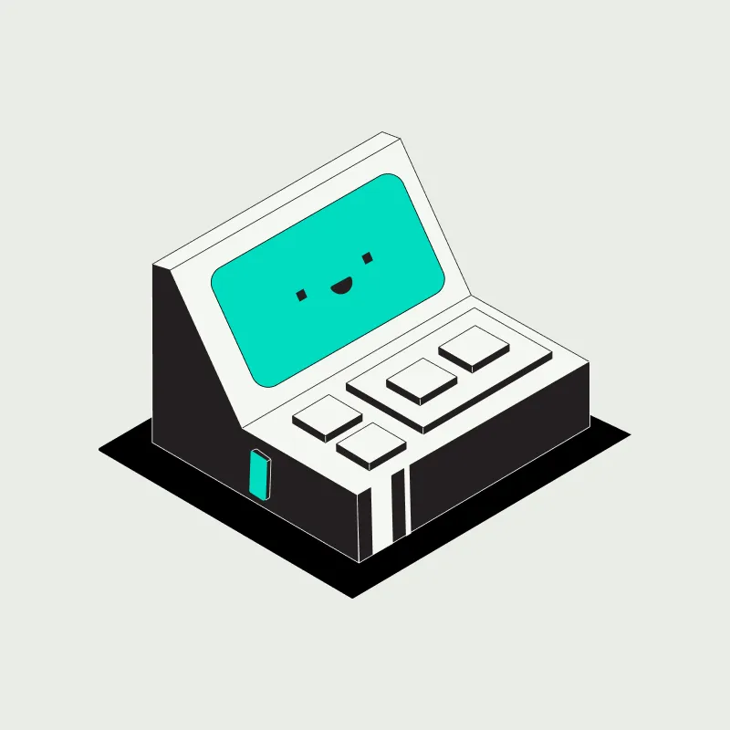 Isometric vintage computer with a teal smiling face on the screen and multiple buttons.