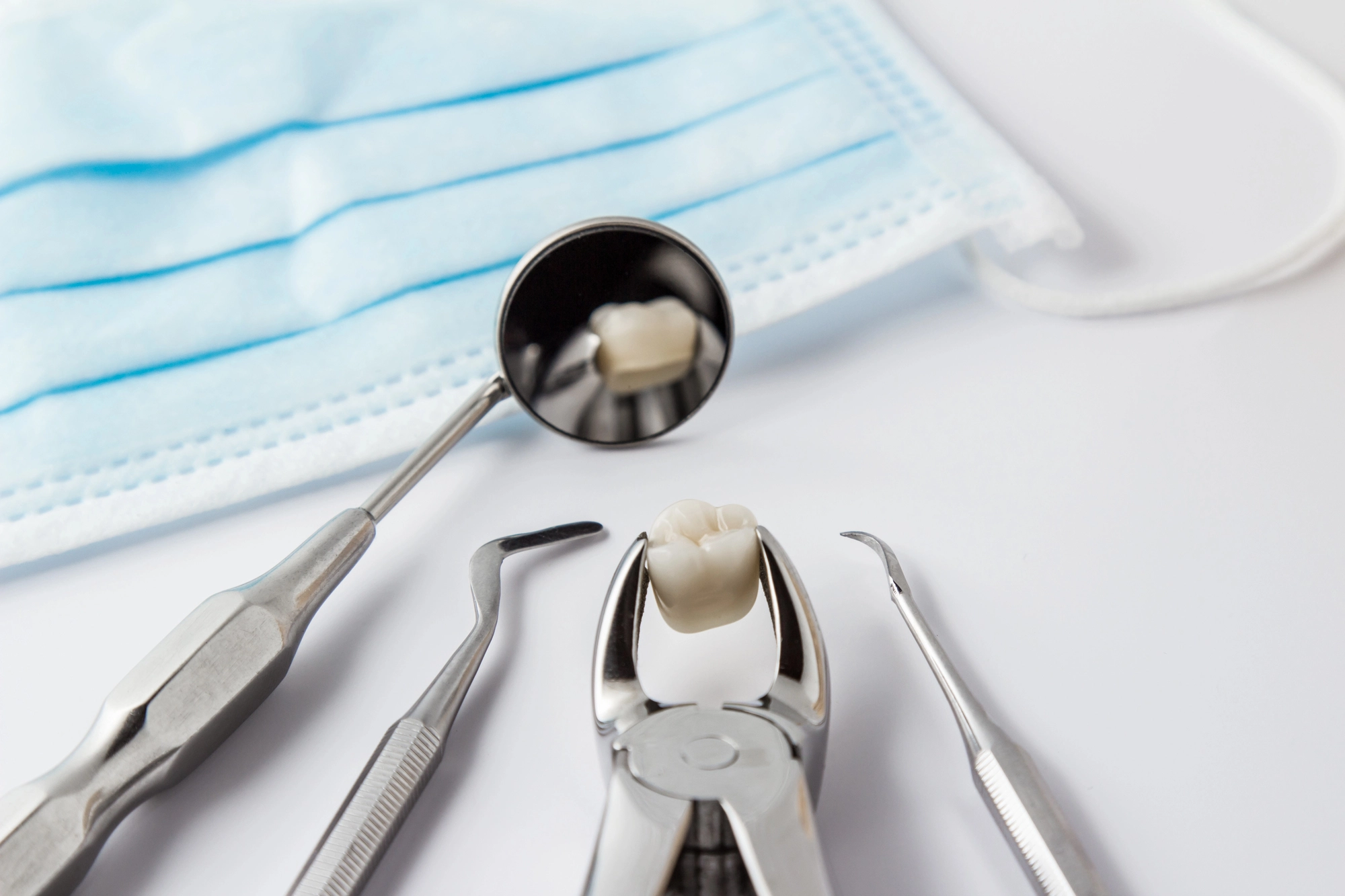 Dental tools including a mirror, scaler, forceps holding a tooth, and a blue surgical mask on a white surface