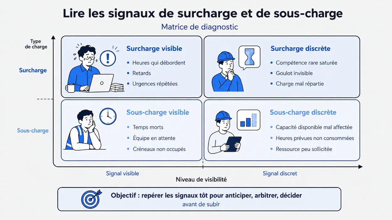Matrice pour repérer les signaux de surcharge et de sous-charge d’équipe BTP