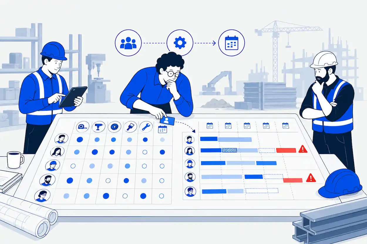 Exemple concret de matrice de compétences pour PME du BTP, avec niveaux de maîtrise, Excel et passage vers une lecture de capacité.