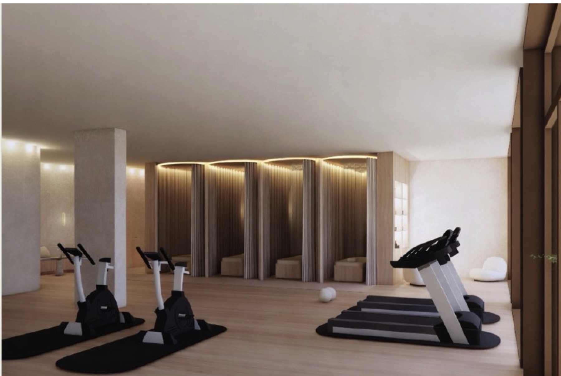 Entwurf der Trainingsfläche im SŌRE HafenCity: heller Holzboden, Cardiogeräte und abgetrennte Kabinen