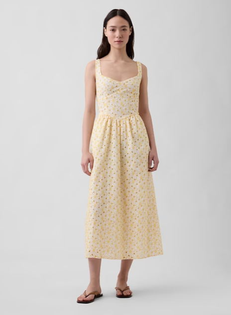 eyelet seamed drop waist maxi dress