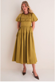Round Neck Puff Sleeve Midi Dress