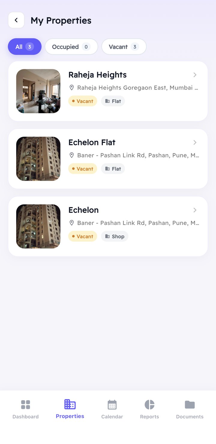 The My Properties screen in the TND app listing flats with their vacancy status