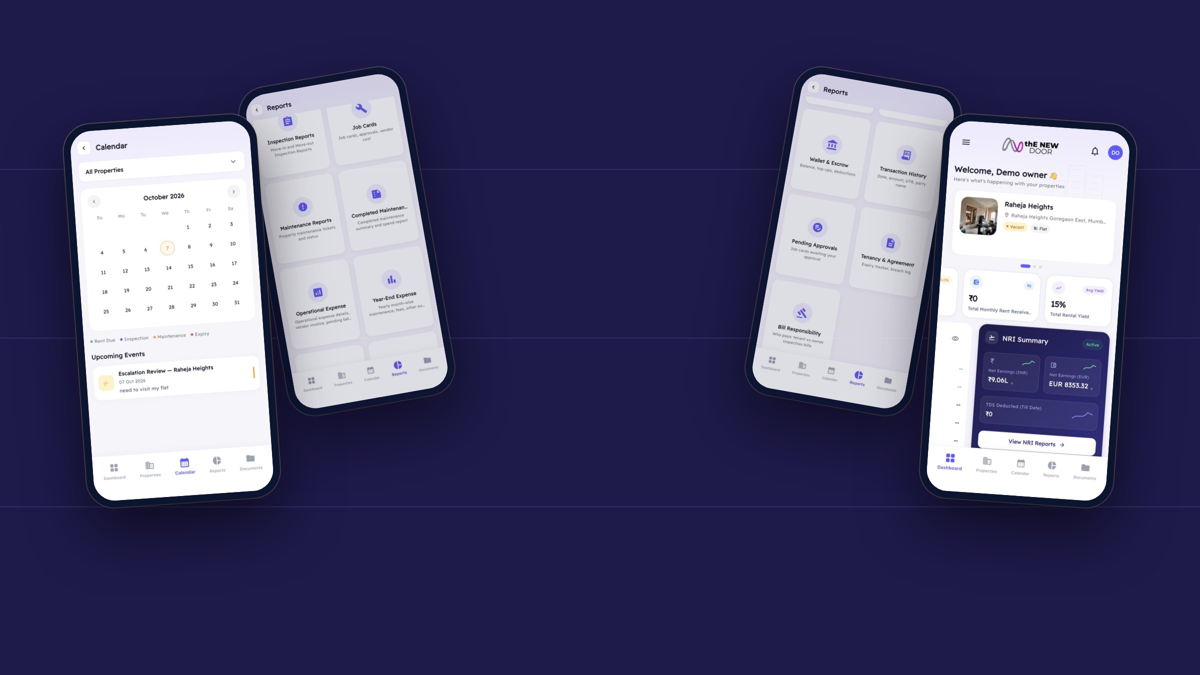 The TND app on four phones, showing an owner dashboard, rent summary, reports and a calendar