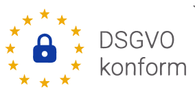 Blaues Vorhängeschloss in einem Kreis aus zwölf gelben Sternen, daneben der Text 'DSGVO konform'.
