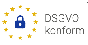 Blaues Vorhängeschloss in einem Kreis aus zwölf gelben Sternen, daneben der Text 'DSGVO konform'.