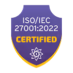 ISO/IEC 27001:2022 Certified badge with a purple background and yellow text and border, featuring a white abstract emblem at the bottom.