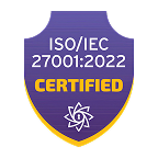 ISO/IEC 27001:2022 Certified badge with a purple background and yellow text and border, featuring a white abstract emblem at the bottom.