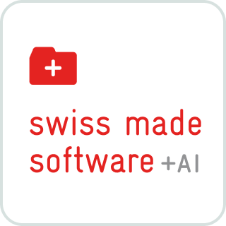 Rotes Ordnersymbol mit weißem Kreuz oben links und darunter der Text 'swiss made software +AI' in roter und grauer Schrift auf weißem Hintergrund.