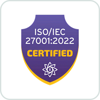 Logo mit einem violetten Schild, das die Zertifizierung ISO/IEC 27001:2022 zeigt, mit dem hervorgehobenen Wort CERTIFIED in Gelb und einem stilisierten weißen Symbol darunter.